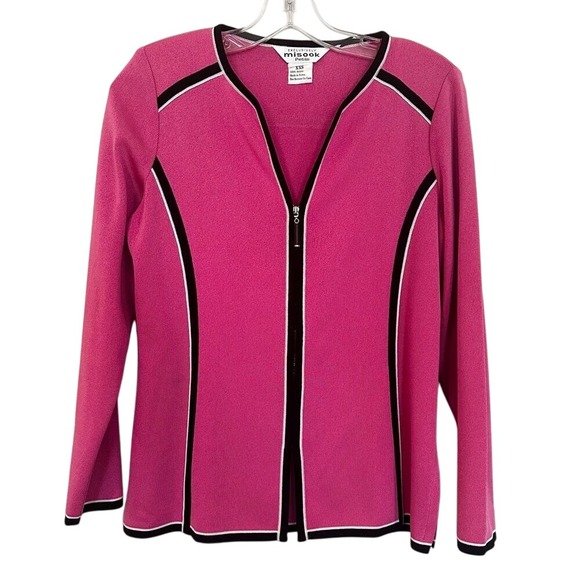 Misook Front‎ Zip Cardigan Sweater Blazer Women's XXS Pink Black Career Luxury - Picture 1 of 6